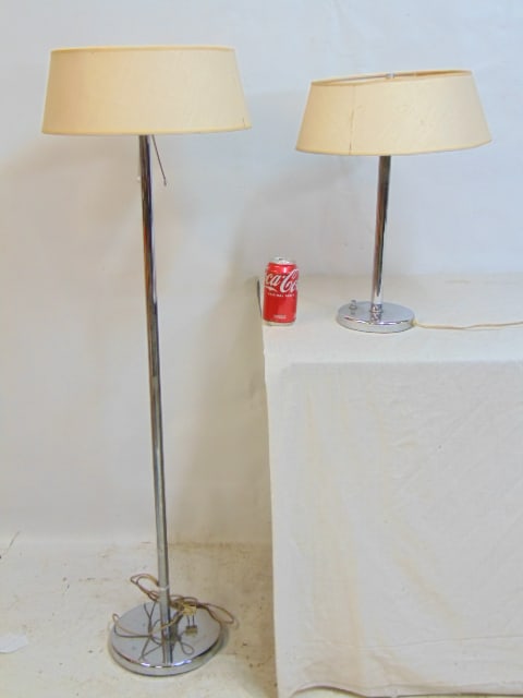 Walter von Nessen desk & floor lamp, stainless steel, chrome with linen shade, floor lamp is 48", (1 of 8)