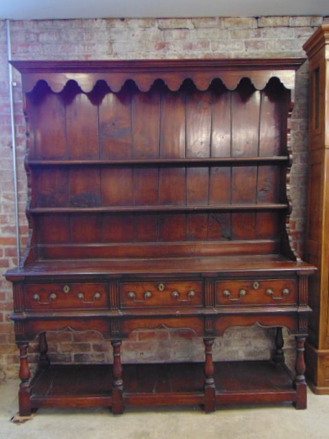 Oak Welsh cupboard with brass hardware, early 19th century,open top, triple drawer base with lower (1 of 7)