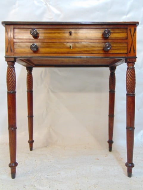 Rosewood turned leg two drawer stand, exotic wood & rosewood, inlaid detail, top is 16 3/8" by 24", (1 of 7)