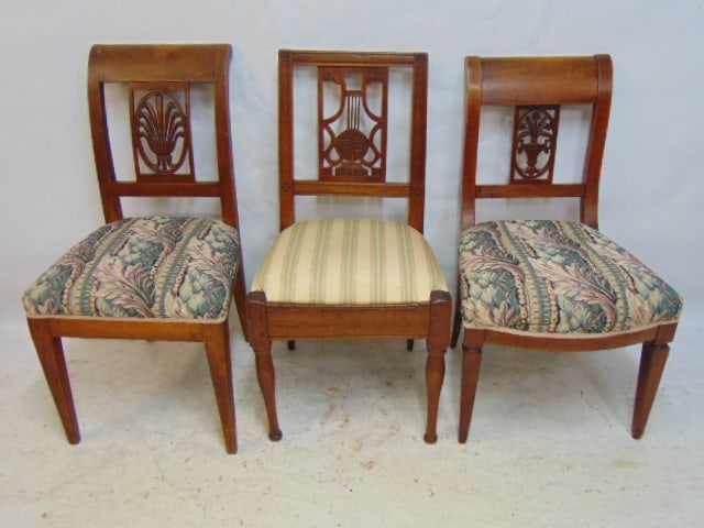 3 antique French Provincial side chairs with carved detail on back support, upholstered seats.: 3 antique French Provincial side chairs with carved detail on back support, upholstered seats.