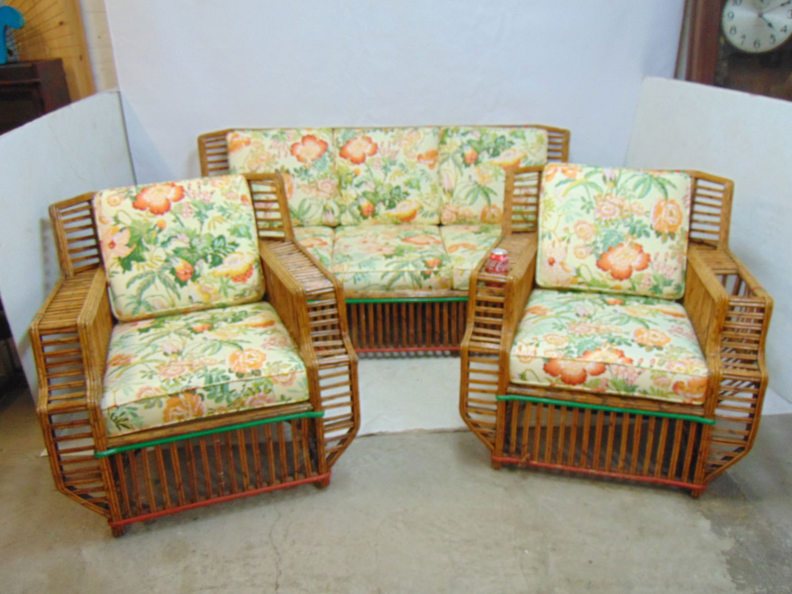 Split Reed sofa & chairs, with painted accents, floral upholstered pillows, sofa is 70" long, chairs (1 of 9)