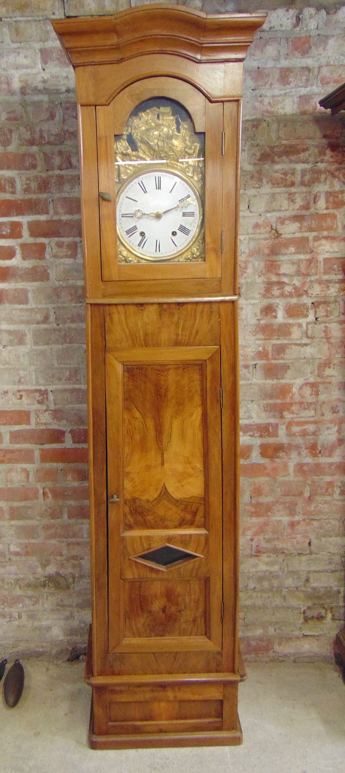 Tall clock, pressed brass face with harvest scene, brass works, enameled dial, custom case in (1 of 11)