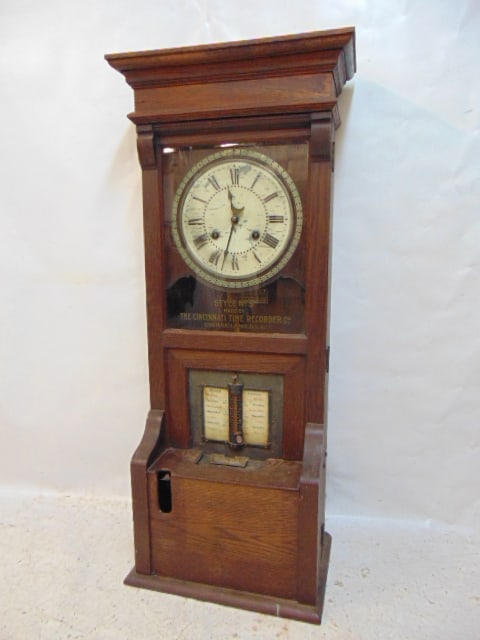 Early oak time clock by Cincinnati Time Recorder Co, "Style No. 5", oak case with original works, (1 of 9)