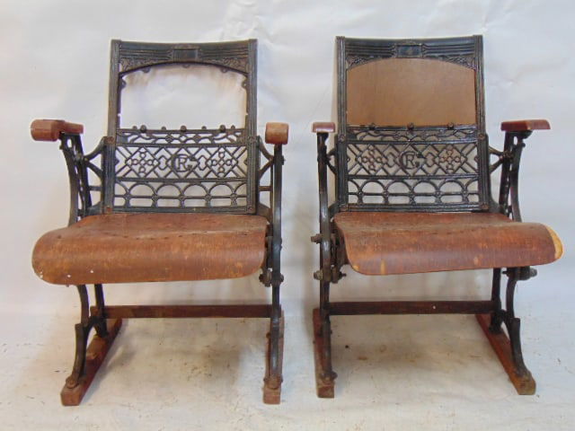 2 early theater seats with folding seats, ornate iron construction with bentwood seats, wood back (1 of 7)