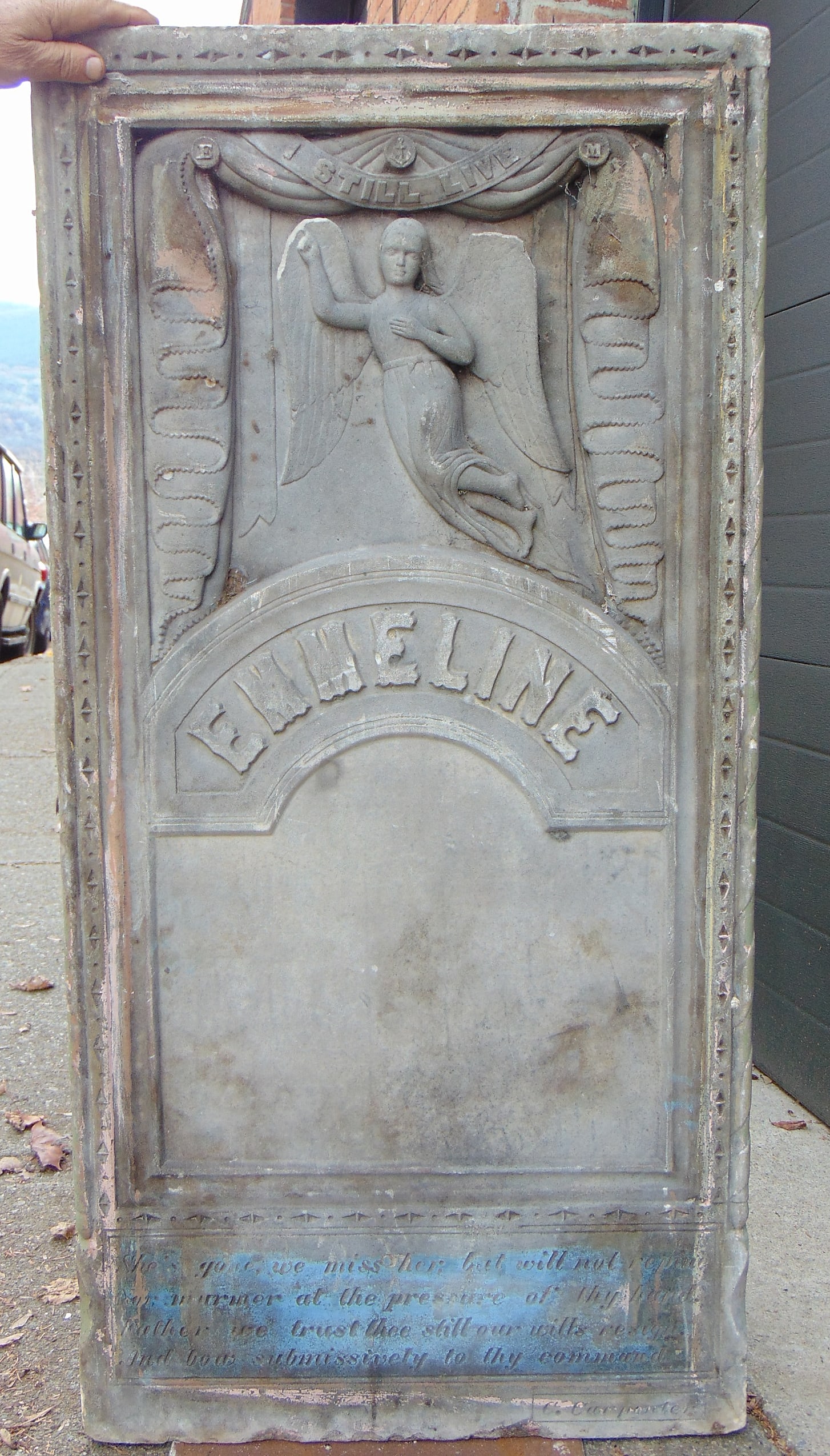 Gravestone top table, used in candy makers kitchen, primitive wood base, stone is engraved, (1 of 11)