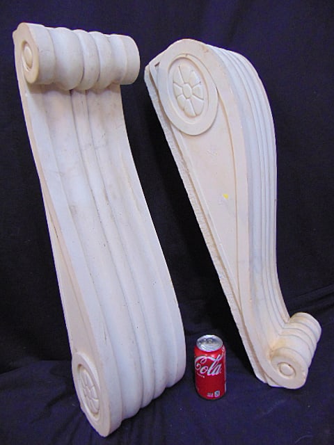 Pair carved marble scrolled jambs, in white marble, mantle support columns, 28" tall, width is 7" (1 of 6)