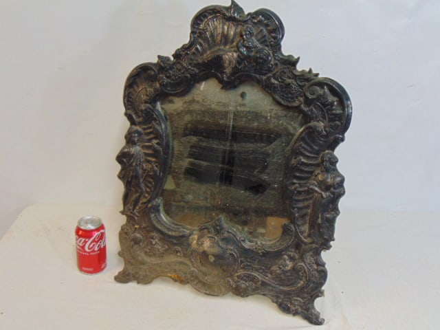 Shield shaped vanity mirror, halmarked, probably silver-plate, but not 100%, mirror is 24" by 18.5". (1 of 7)