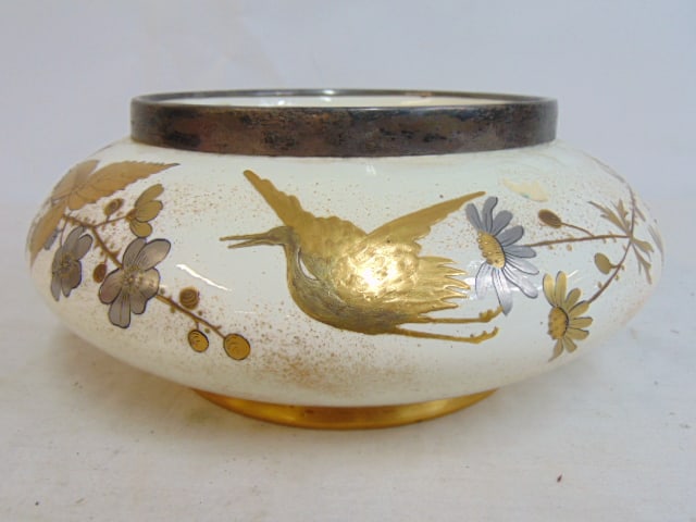 Royal Worcester bowl with silver rim & gilt & silvered floral decorations, no cracks, chips, 9.75" (1 of 6)