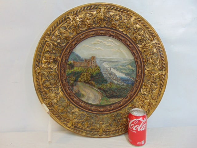 Plaster charger W.S. & S. view of Heidelberg, Germany, with large decorative border, good condition,: Plaster charger W.S. & S. view of Heidelberg, Germany, with large decorative border, good condition, diameter is 20.5"