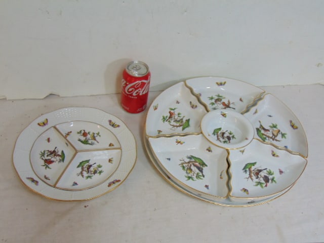 2 Herend porcelain condiment or Hors D Oeuvres trays, 9.75" plate with three trays decorated with (1 of 12)