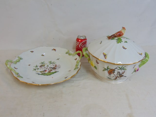 Large Herend porcelain tureen with underplate, decorated with birds & flowers, tureen is 10" in (1 of 11)