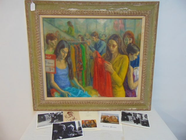 Painting, "Sale", Susan Kahn, oil on canvas, various figures, woman, men browsing in a clothing (1 of 12)