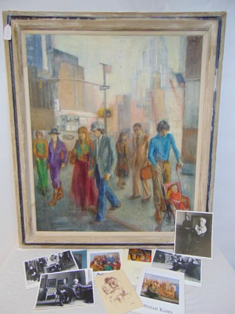 Painting, NYC street scene, Susan Kahn, ;large oil on canvas showing several figures, couples, woman (1 of 13)