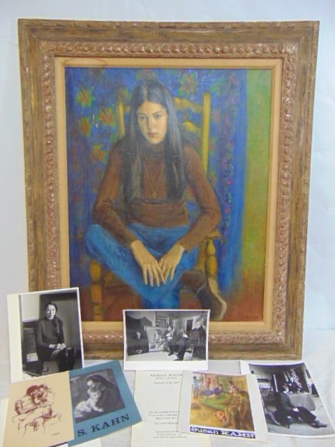 Painting, portrait young woman, Susan Kahn, in Heydenryk frame, oil on canvas, water damage visible (1 of 11)