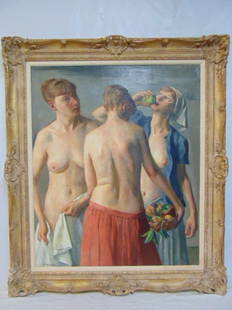 Painting, three Graces, Robert Brackman, 1965, oil on canvas, canvas is 36" by 30", framed is 44" by: Painting, three Graces, Robert Brackman, 1965, oil on canvas, canvas is 36" by 30", framed is 44" by 38", written on reverse "The Three Graces, Robert Brackman, Noank, Conn.