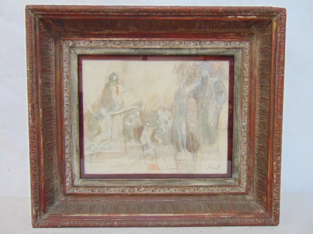 Painting, illustration study, signed Schmid, watercolor on paper, carved frame, 9" by 11.25" (1 of 5)