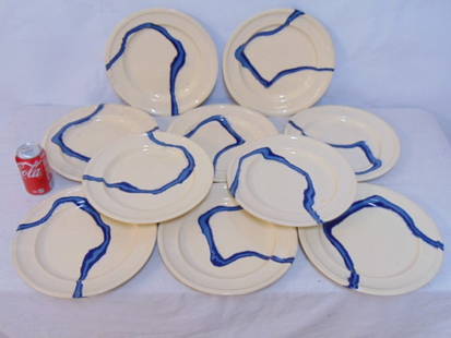 Set of 10 large ceramic dinner plate, cream with blue designs, signed illegibly, 12", good: Set of 10 large ceramic dinner plate, cream with blue designs, signed illegibly, 12", good condition.