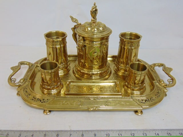 Solid bronze desk tray & cups, renaissance revival style, marked "H.P", polished, includes handled (1 of 10)