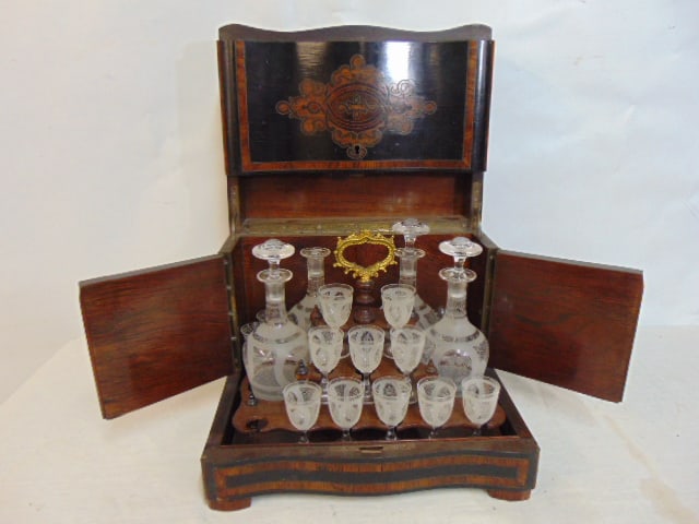 Fine quality tantalus bar, inlaid ebony, rosewood case, contains 4 bottles with stoppers (one (1 of 7)