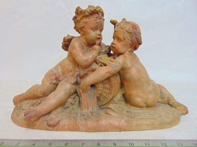 Terra cotta statue, two putties, A. Carrier, 1864, 16" by 5.5", height is 9.5", one toe has chip (1 of 6)