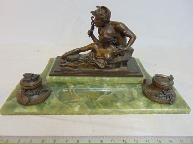 Austrian bronze & onyx desk set, bronze figure signed A. Ruff mounted on onyx base with 2 bronze (1 of 7)