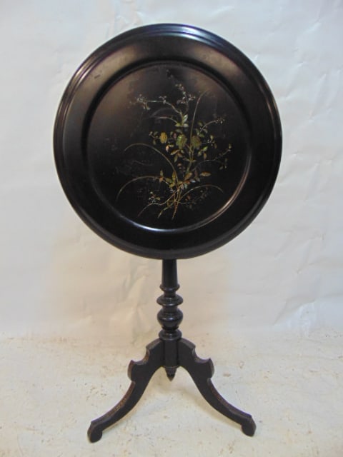 Paper mache tilt top table or candle stand, black with inlaid mother of pearl decoration, lacquer (1 of 5)