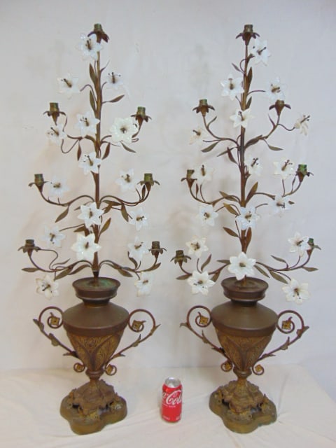 Pair brass funerary candelabra with milk glass flowers, urn bases with 7 candle holders, height is (1 of 4)