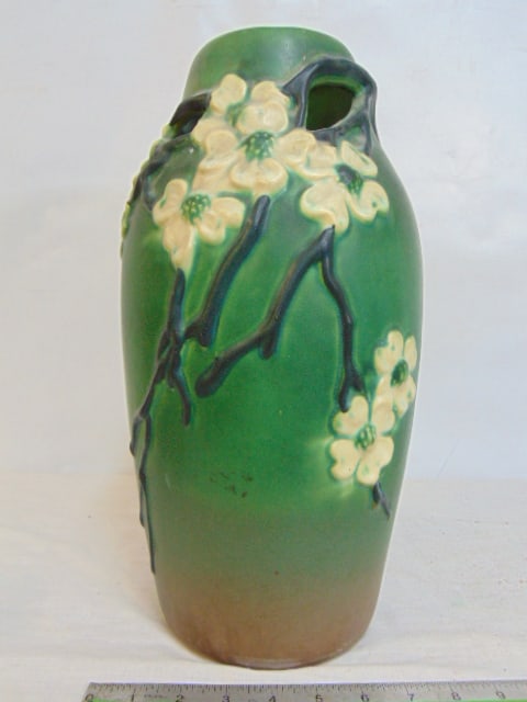 Large Roseville Dogwood Vase with open pierced top, in green, white flowers, has hairline in top, (1 of 9)