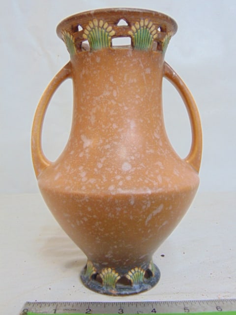 Roseville pottery vase, Ferella, in orange, vase is 9 1/8" tall, in good condition, paper label (1 of 7)