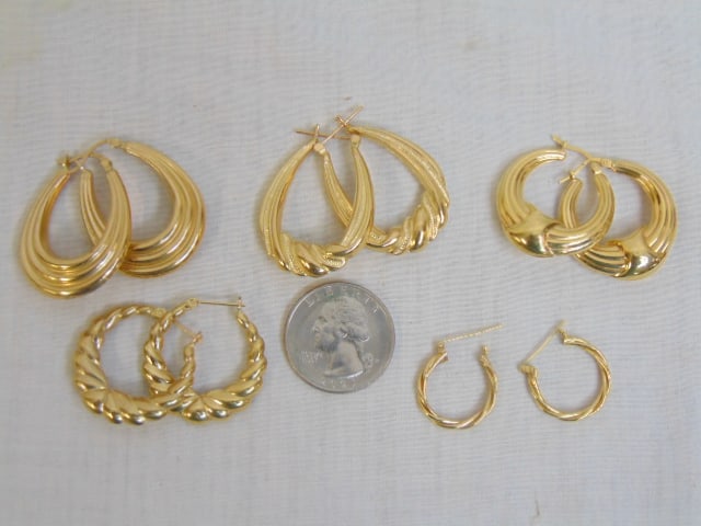 Jewelry. (5) Pairs Yellow Gold earrings, 13.85 grams total weight, 5 pairs of 14kt hoops, all in (1 of 6)