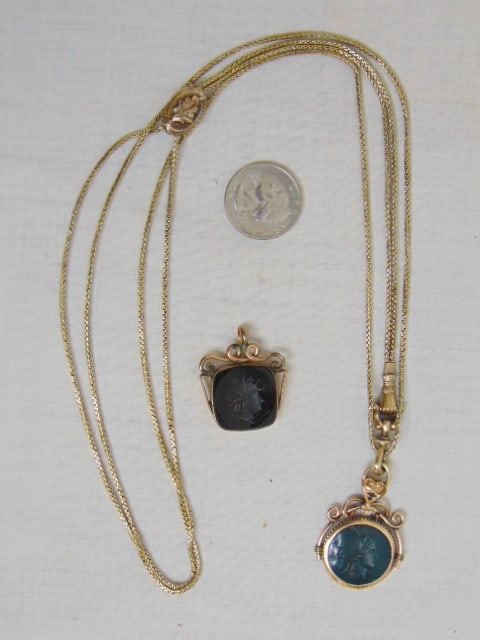 Jewelry. Victorian Gold Filled pocket watch chain w/ lariat & bloodstond intaglio Fob (1 of 4)