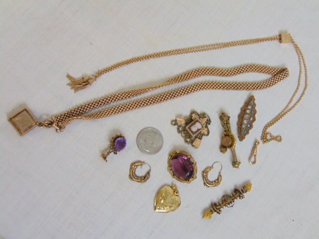 Victorian Gold Filled Jewelry 10 pc lot to include 5 brooches; 2 pendents; 2 necklaces; & a pair of (1 of 5)
