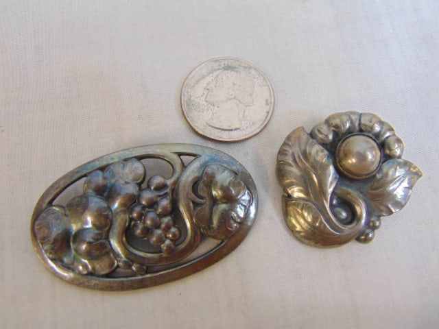 Jewelry. (2) Georg Jensen sterling brooches/pins. grape & leaf design 2" x 1 1/4" no 177 B, (1 of 6)