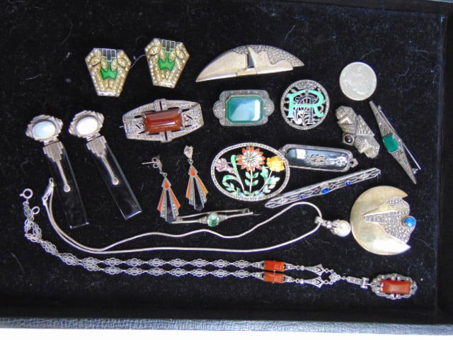 Large Lot of Marcasite sterling Jewelry, Art Deco mop onyx earrings; carnelian, Lapis, onyx, garnet, (1 of 4)