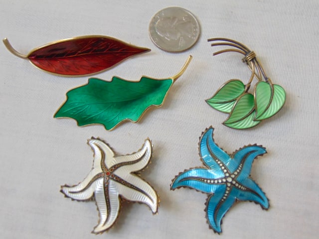 Jewelry. (5) Denmark/Norway designer signed pins/brooches, guilloche enamel & sterling, 2 starfish; (1 of 6)