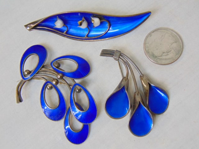 Jewelry. (3) Denmark/Norway designer signed pins/brooches, Cobalt blue guilloche enamel & sterling, (1 of 6)