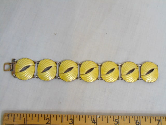 Jewelry. Yellow guilloche enamel sterling bracelet, hallmark 925S, E, 7 individual panels, 7 1/4" (1 of 5)