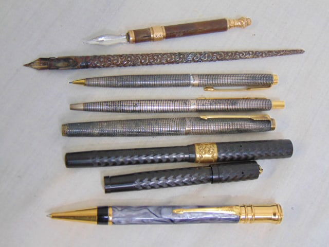 (7) Vintage pens to include 3 sterling Parker pens; Waterman sterling repousse fountain pen; Parker (1 of 6)