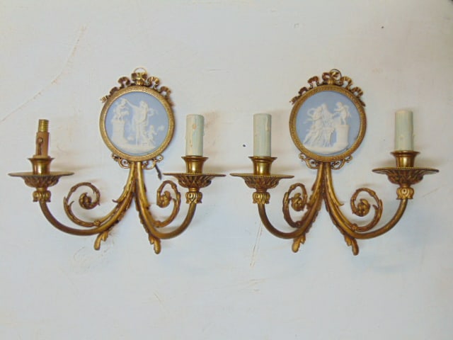Pair bronze sconces with Jasperware plaques, neoclassical Jasperware plaques in white on light blue, (1 of 7)