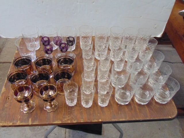 Large lot assorted glassware, including Waterford water glasses, Bohemian cut stems, gilt decorated (1 of 7)