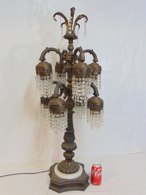 Large Spelter lamp with hanging crystals, marble base, has 8 arms, height is 40" (1 of 5)
