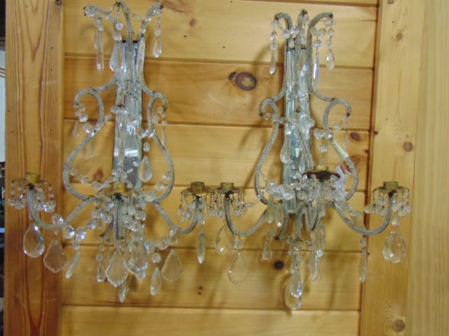 Pair mirrored back gilt metal wall sconces with hanging crystals, 3 arms, each sconce is 18" tall (1 of 5)