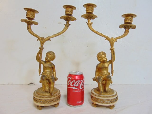 Pair French bronze putti candelabra on marble bases, two arms, gilt bronze, height is 14.5", one has (1 of 6)