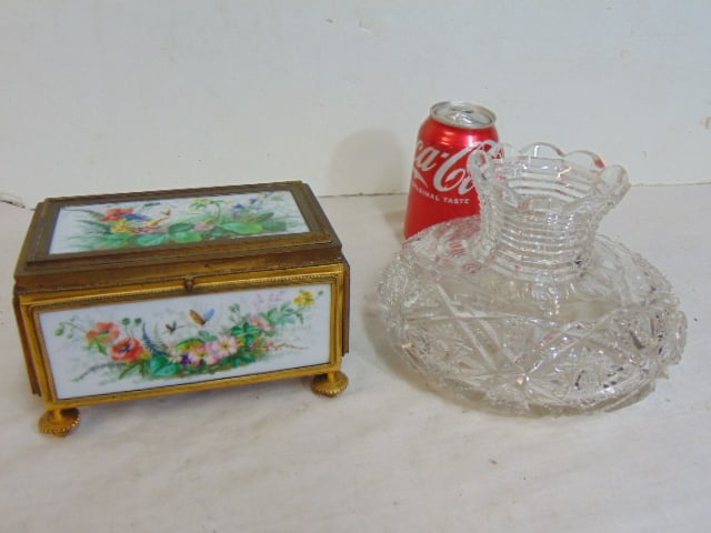 Brass & porcelain box & crystal vase, gilt patina box with floral decorated porcelain panels, box is (1 of 13)