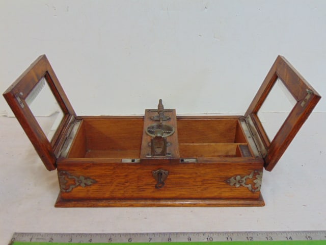 Oak cigar box with cutter, double door with beveled glass, decorative metal trim, box is 12" by 6 (1 of 6)