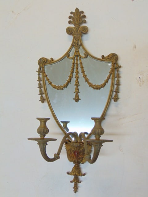 Bronze framed shield sconce with mirrored back, two arms, tassel decoration, 30" tall, width is 14", (1 of 6)