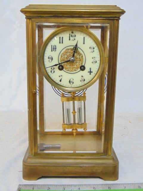 Crystal regulator with mercury filled glass weight, brass case with beveled glass panels, base is (1 of 6)