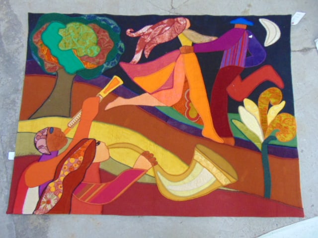 Helen Webber, dancers & musicians, rug or tapestry, 42/100, 1980, San Francisco, colorful scene with (1 of 5)