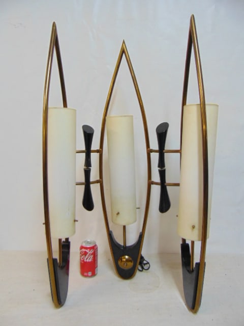 Mid Century table lamp with three cylindrical milk glass shades, brass & wood frames, lamp is 32.5" (1 of 4)