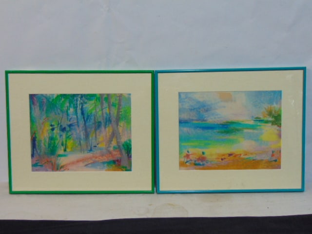 Pair pastel paintings, Lucia Tallarico, figures on a beach, 10.25" by 13" (sight).: Pair pastel paintings, Lucia Tallarico, figures on a beach, 10.25" by 13" (sight).
